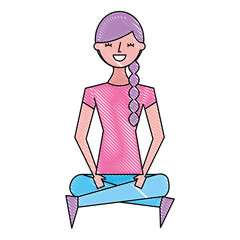 happy girl sitting and meditating in the yoga lotus position vector illustration drawing color