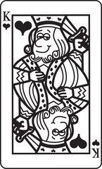 Black and white illustration of a king of hearts playing card.