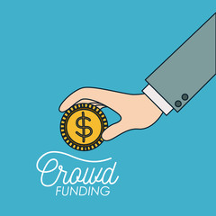 crowd funding poster of hand with coin in blue background