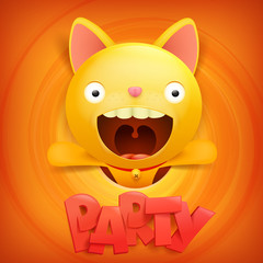 Yellow emoji cartoon cat character icon. Party concept card