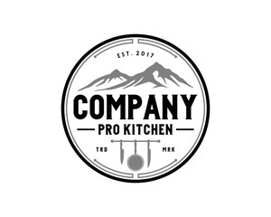 Cooking with Pans and Knife Hang on the Nature Mountain Sign Symbol Icon Vintage Circle Logo Vector
