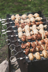 Skewers with meat and mushrooms are laid out on grill