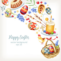 Easter background with flying traditional food and other holiday objects