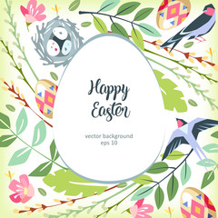 Easter background green garden with white egg in center birds and pussy-willlow