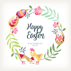 Easter round wreath background with floral elements chickens and colored traditionsl easter eggs