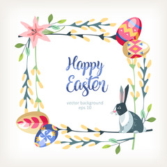 Easter square background with bunny sits on the pussy-willow brunch and colored pattern eggs