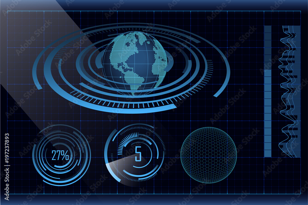 Poster blue futuristic hud design with dotted earth, bars and circle graphs. vector futuristic user interfa