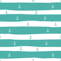 Marine striped seamless pattern with anchors and turquoise stripes. Vector.