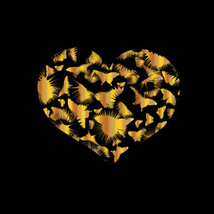 Golden heart on a black background. Flat vector image for design. Heart of butterflies - 197239425