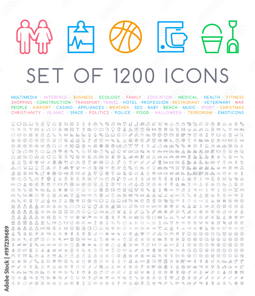 Poster set of 1200 quality universal standard minimal simple white thin line icons on white background