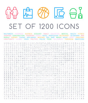 Set of 1200 Quality Universal Standard Minimal Simple White Thin Line Icons on White Background