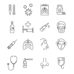Respiratory Infection Signs Black Thin Line Icon Set. Vector