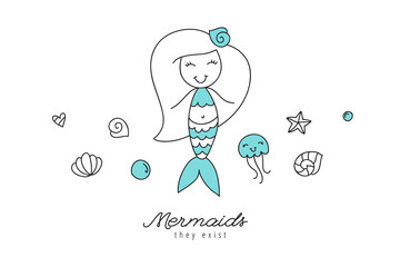cartoon mermaid, shells, starfish, jellyfish and bubbles, sea elements for design