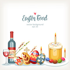 Easter horizontal festive food background with traditional easter eggs and cakes willow and wine lying on the table