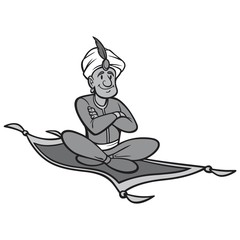 Black And White Magic Carpet Ride - A vector cartoon illustration of a man riding a Magic Carpet.