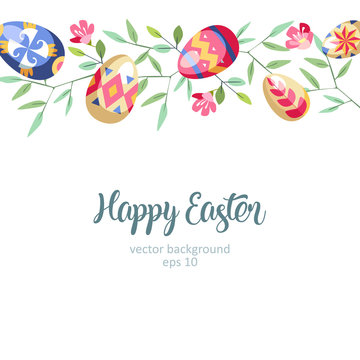 Easter great horizontal floral background with colored easter eggs growed at branch of tree