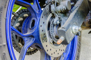  Closeup disk brake  of Bigbike While Dusty wheels