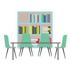library with bookshelves and desk with chairs vector illustration