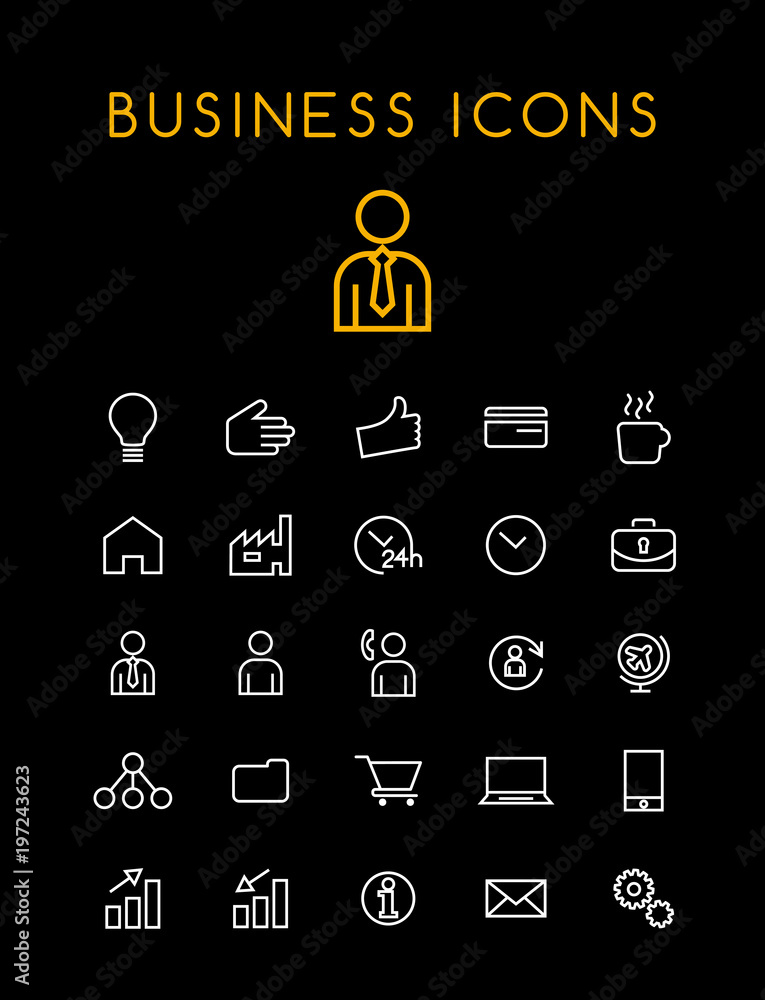 Poster set of minimal simple business thin line icons on black background
