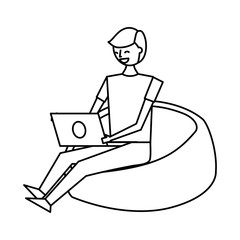 young man sitting working with laptop on bean bag vector illustration outline design