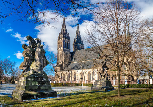 Cathedral of St. Peter and Paul, Vysehrad, Prague. Neo Gothic Basilica of St Peter and St Paul in Vysehrad fortress. Landmarks of Prague.