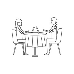 girls people sitting at the table using laptop vector illustration outline design