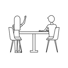 couple sitting on the chairs and table at view from the back vector illustration outline design