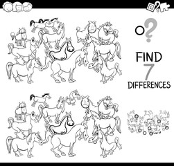 Fototapeta na wymiar differences game with farm horses coloring book