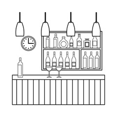 bar restaurant interior shelf counter beverage alcohol and glass cups vector illustration outline design