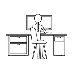 young woman working in desk with computer back view vector illustration outline design