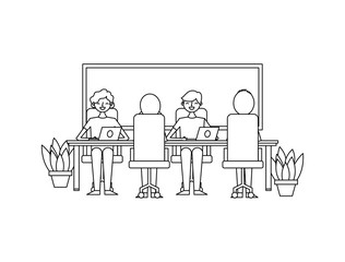 office team of employees working on their laptops at the table potted plants and board vector illustration outline design