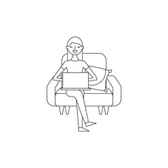 happy woman sitting in the sofa with her laptop vector illustration outline design