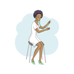 Young female black doctor in  white coat, sits and listens with stethoscope. Modern style, isolated on white background. Vector illustration. Square layout.