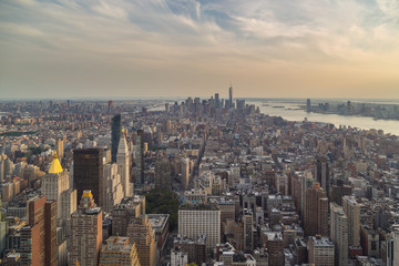 Fototapeta na wymiar Aerial view of Manhattan skyline in the evening summer.