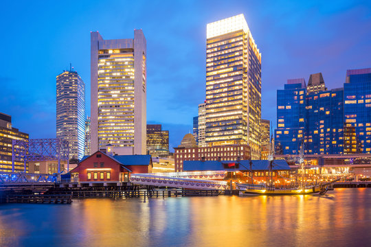 Boston Harbor skyline at twilight, Massachusetts