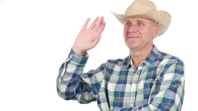 Farmer Smiling Salute and Make Hello Hand Gesture Welcome Sign