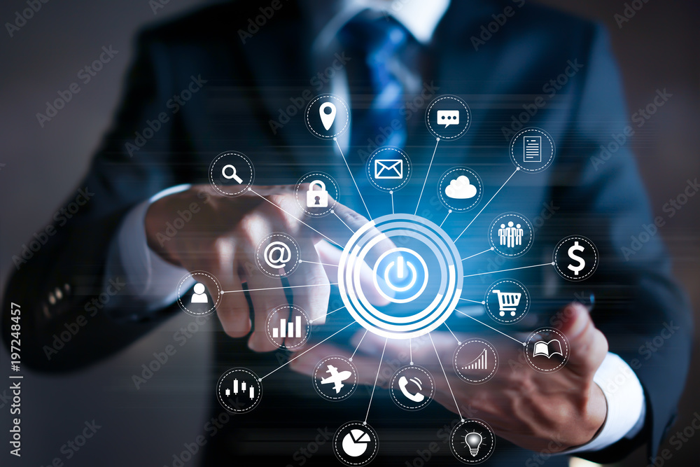 Fototapete businessman working with modern devices,internet of things - iot and digital marketing via multi-cha