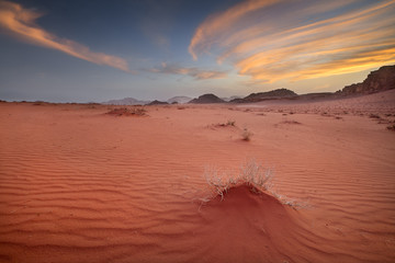 silent sunset in sands of desert Wadi Rum in Jordan