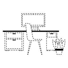 workspace office desk computer chair potted plant vector illustration dotted line design