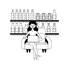 happy woman sitting in the sofa laptop and shelf with bottle glass beverages vector illustration dotted line design