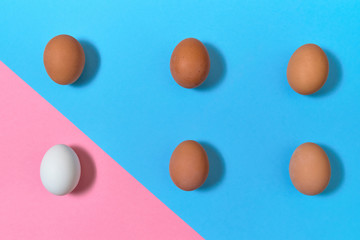 Eggs on blue and pink pastel background, copy space. Eggs on paper background with two tone color. Easter eggs. Flat lay, top view. Individuality, outstanding, uniqueness, independence