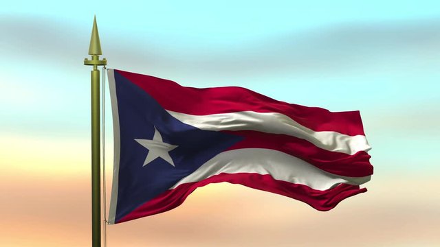 National Flag of  Puerto Rico waving in the wind against the sunset sky background slow motion Seamless Loop Animation