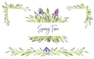Hand painted frames set with Hyacinths flowers and leaves. Spring watercolor illustration in violet shades. Botanical borders. Can be used for a poster, printing on fabric, wedding desings.