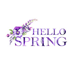 Hello Spring floral artistic lettering quote with flowers. Modern alphabet Greeting Card. Watercolor Illustration. Isolated on white background. Perfect for banner, card, event invitation.