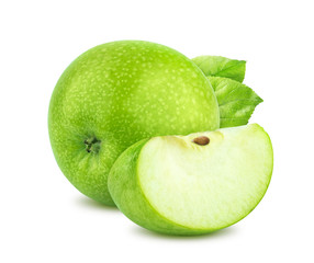 One green apple and quarter piece isolated on white background