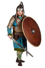 portrait of medieval soldier looking at camera, with helmet, hauberks, sword, shields and axe, isolated on white background. historical concept.