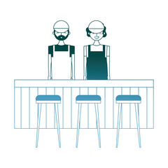 employee baristas standing behind bar counter and stools vector illustration gradient color design
