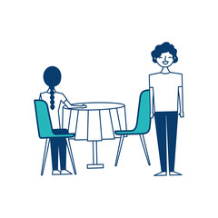 woman sitting back and man standing with table and chairs vector illustration green and blue design