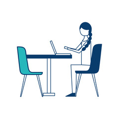cute woman sitting in the chair typing laptop on table vector illustration green and blue design