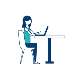 cute woman sitting in the chair typing laptop on table vector illustration green and blue design